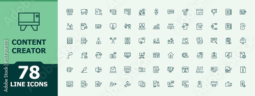 Content Creator linear icon collection. Influencer icon set. Minimalist linear icons. Pack of content, media, influencer, creator, blog, video content and more. Editable vector stroke.