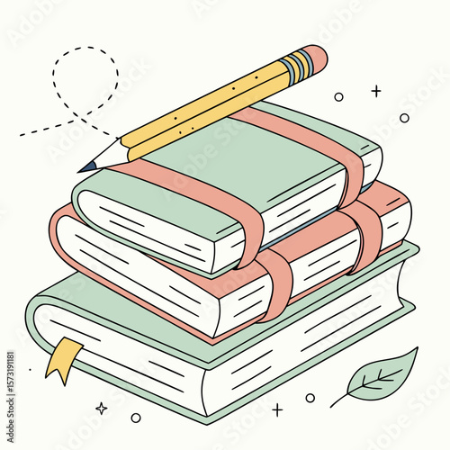 Stacked pastel books support a yellow pencil against dotted lines and small shapes