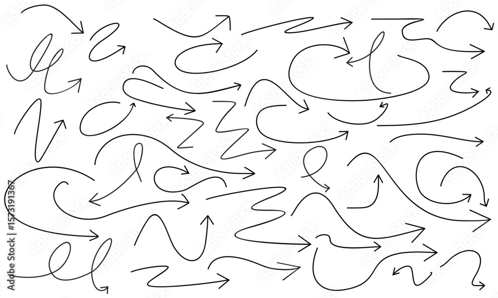 Fototapeta premium various shapes of curved arrow outlines isolated on white background, vector.