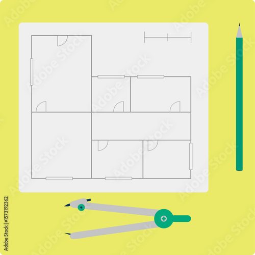 Architecture blueprint with compass and pencil
