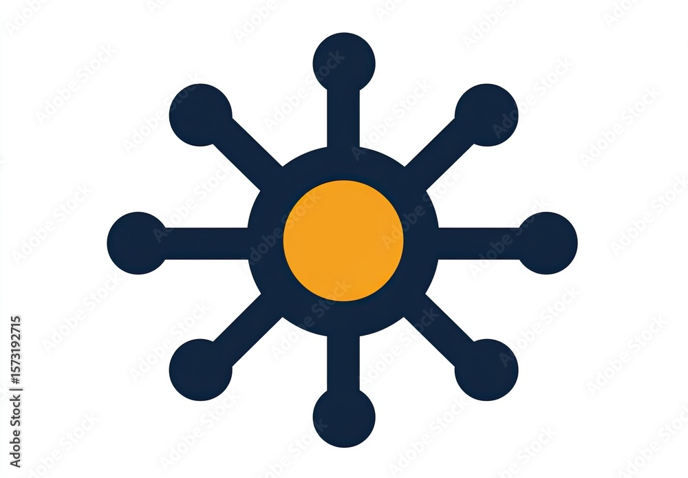 Dark navy blue graphic, starburst shape, with orange center circle Dark navy blue graphic, starburst shape, with orange center circle