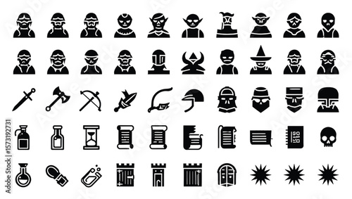 Fantasy Game Icons Set Black Glyph Style Medieval Characters Weapons Scrolls Potions Castle