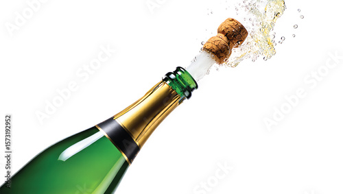 Green Champagne Bottle with Gold Foil Popping Cork Sparkling Wine Celebration Festive Bubbly Drink