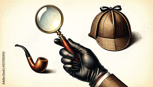 Gloved Hand Holding Magnifying Glass Vintage Tobacco Pipe Sherlock Holmes Style Deerstalker Hat