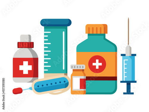 Collection of medical supplies including bottles syringe thermometer and test tube isolated on white background
