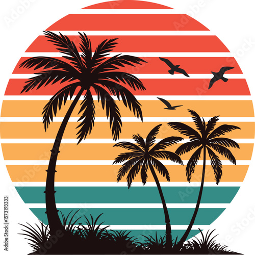 tropical palm trees sunset silhouette with birds beach vacation theme