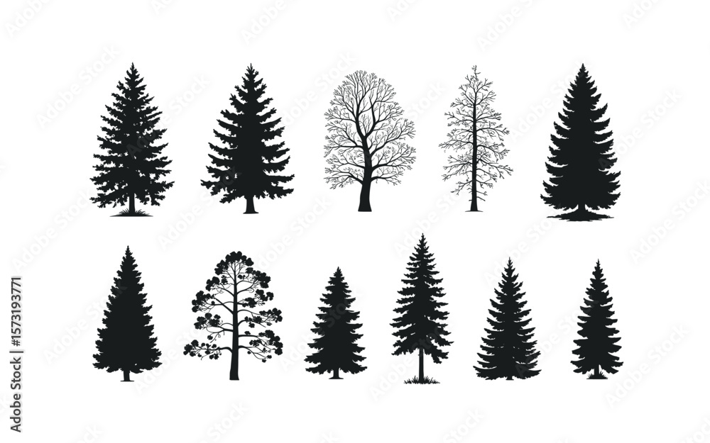 Obraz premium Silhouette Tree Collection: Evergreen and Deciduous Trees for Design Elements