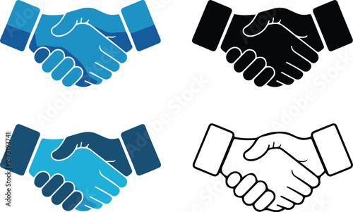 Vector art of four handshakes in blue and black colors isolated on transparent background
