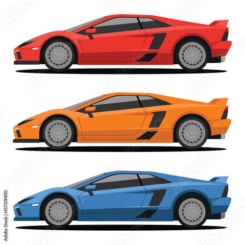 Red orange and blue racing cars vector art illustration