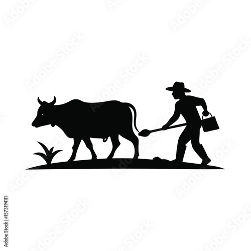 Silhouette of a farmer plowing field with oxen for traditional agriculture and village life