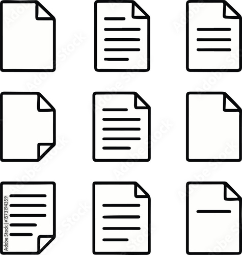 Paper documents line icons collection featuring simple file symbols, folded written sheets, minimalist outline document illustrations, office paperwork clipart, and archive folder vector set