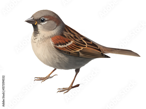 Small sparrow standing with brown and grey feathers, transparent background 