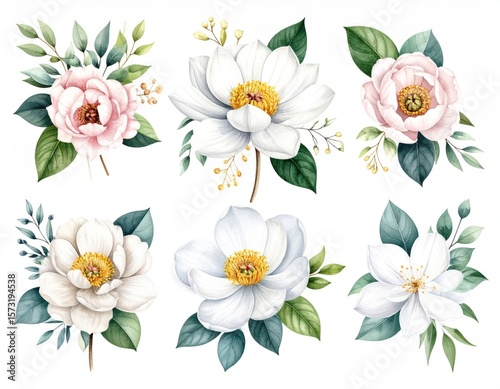 Six floral bouquets, pale pinks, whites, and creams, detailed watercolor style