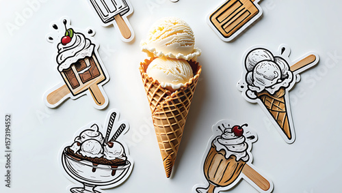 Two Scoops Vanilla Ice Cream in Waffle Cone Surrounded by Whimsical Ice Cream Treat Stickers on