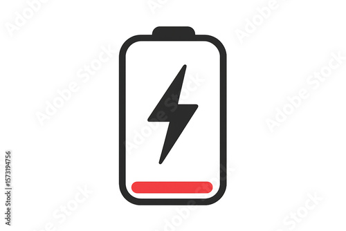 Low battery icon with lightning bolt symbol on transparent background