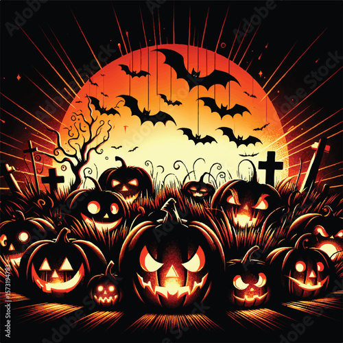 Vector art of spooky halloween pumpkins glowing in a dark graveyard isolated on transparent background
