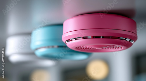 Moderner rosa und blauer Rauchmelder an der Decke mit elegantem Design und LED-Anzeige
