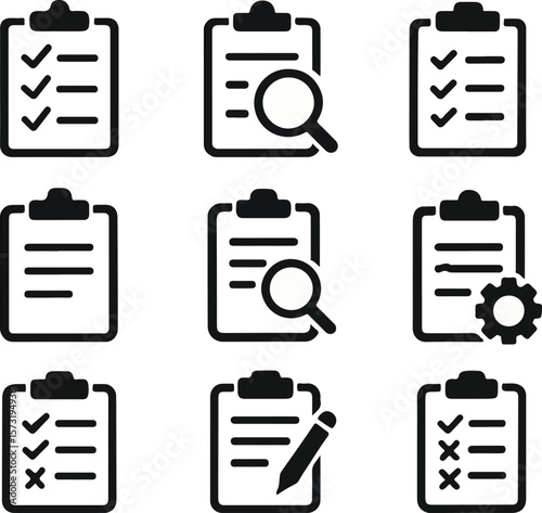 Clipboard checklist icon set vector featuring magnifying glass clipboard for data search and analysis, clipboard with processing gear symbol, clipboard with pen for note taking and task management
