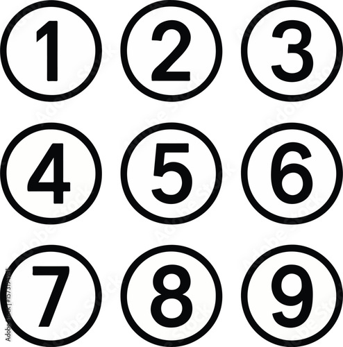 Set of round number icons 0 to 9 in circles vector illustration, perfect for education materials, numeric labels, counting learning tools, math symbols, and infographic design elements