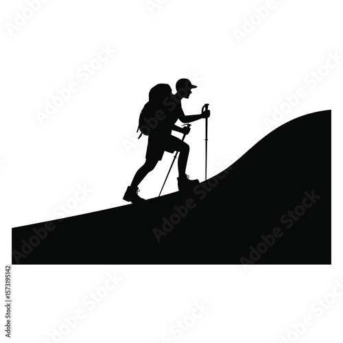 Man hiking uphill with backpack and trekking poles silhouette