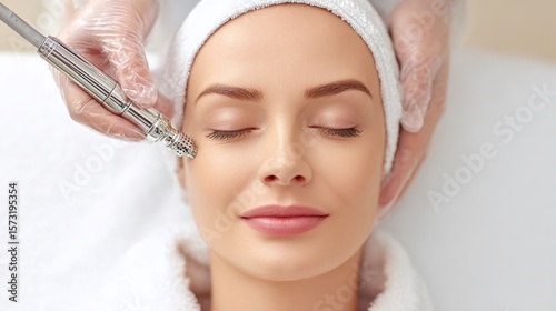 Relaxing facial procedure at a spa. The woman is having microdermabrasion to exfoliate and rejuvenate her skin. The aesthetician wears protective gloves.
