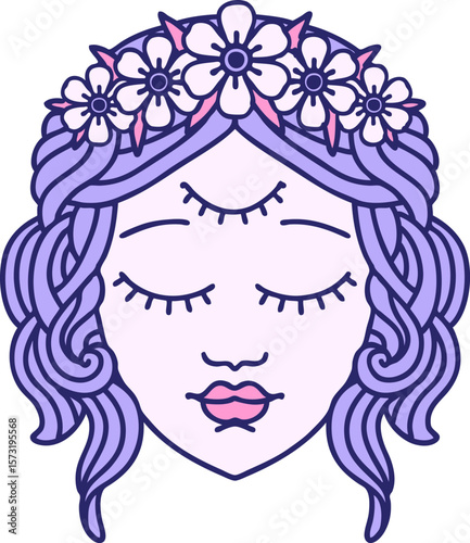 iconic tattoo style image of female face with third eye in bright neon color