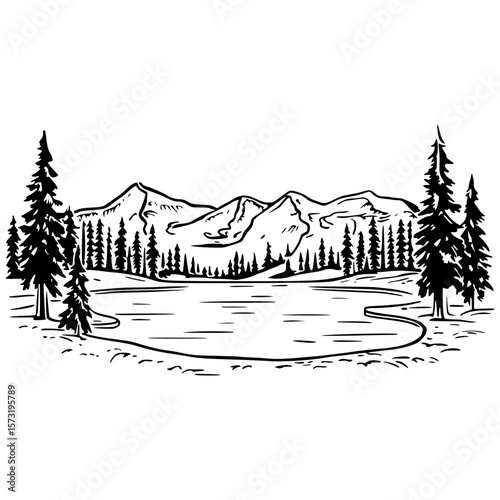 Hand drawn lake and mountain vector landscape with pine trees, black and white outdoor illustration