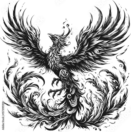 Blazing Majesty: The Phoenix Awakens linework vintage ink sketch hand drawn pen drawing illustration background vector
