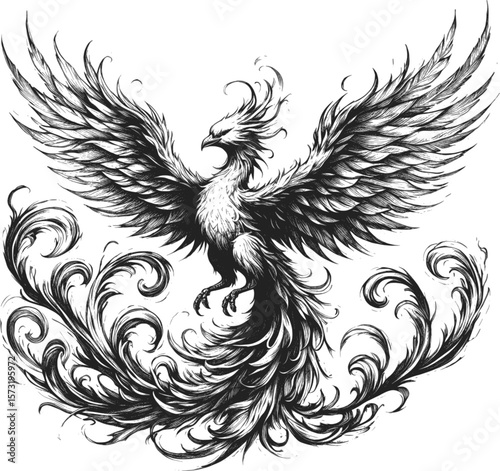 Golden Flames: The Phoenix’s Radiance linework vintage ink sketch hand drawn pen drawing illustration background vector