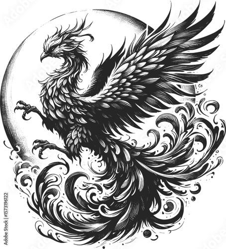 Flame-Kissed Wings: The Phoenix’s Dance linework vintage ink sketch hand drawn pen drawing illustration background vector