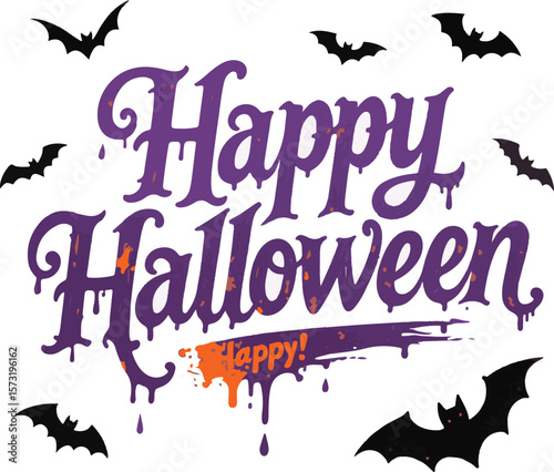 Vector art of happy halloween greeting with purple dripping text isolated on transparent background