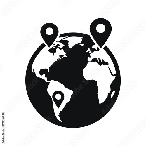 Globe silhouette with location markers for travel navigation and global connection theme