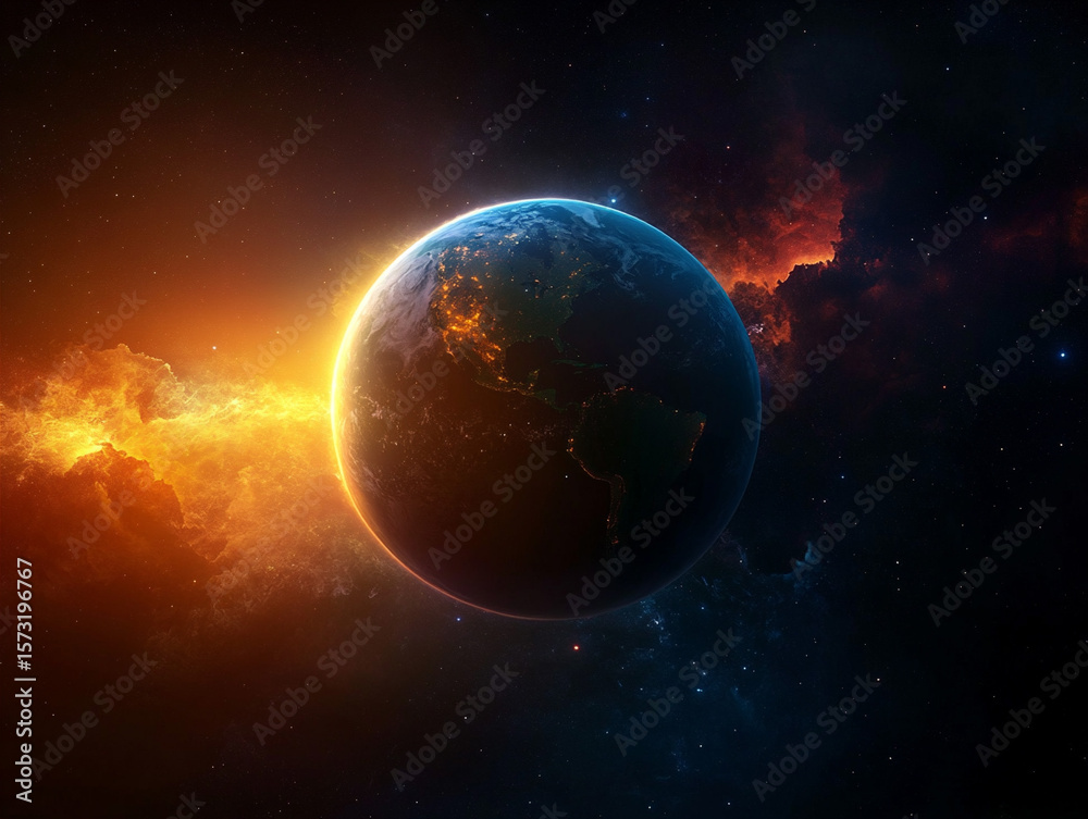 Obraz premium A stunning view of Earth from outer space, with city lights sparkling across the continents and the sun rising over the horizon, bathing the planet in a warm, cosmic glow.