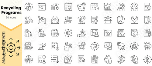 A collection of 50 black and white icons representing various recycling programs and sustainability concepts. Ideal for educational and environmental projects.