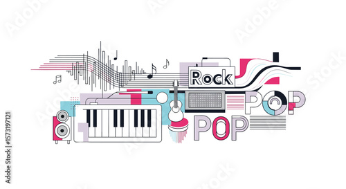 An Artistic Visual Representation of Rock and Pop Music Genres Featuring Musical Instruments and Sound Waves