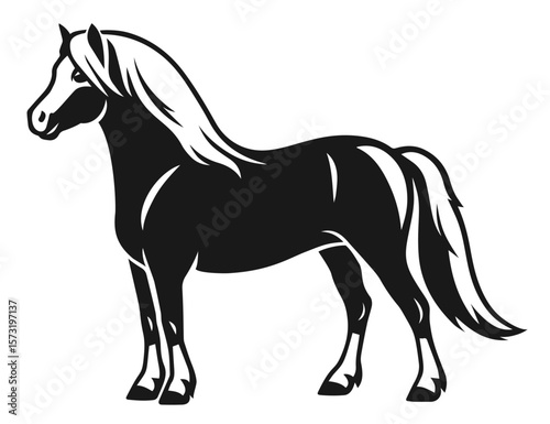 Black and white vector illustration of a pony with long flowing mane and tail standing in profileм
