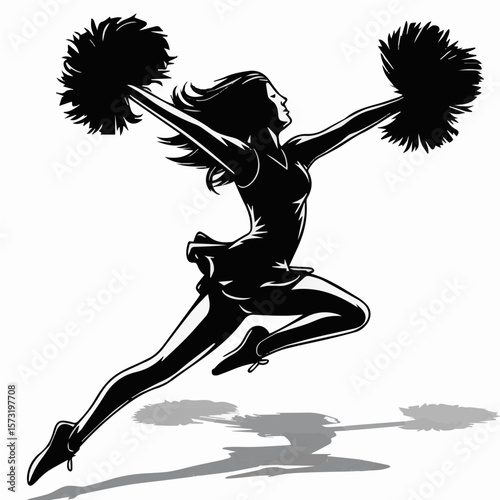 Energetic Cheerleader Silhouette Jumping with Pom-Poms in Mid-Air