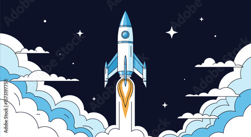 A Majestic Rocket Ascends Through Billowing Clouds Under a Starry Night Sky on a Cosmic Voyage