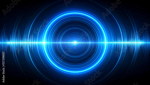 A glowing blue concentric circle with radiating wave patterns on a dark background, resembling a futuristic sound wave or energy pulse visualization.
