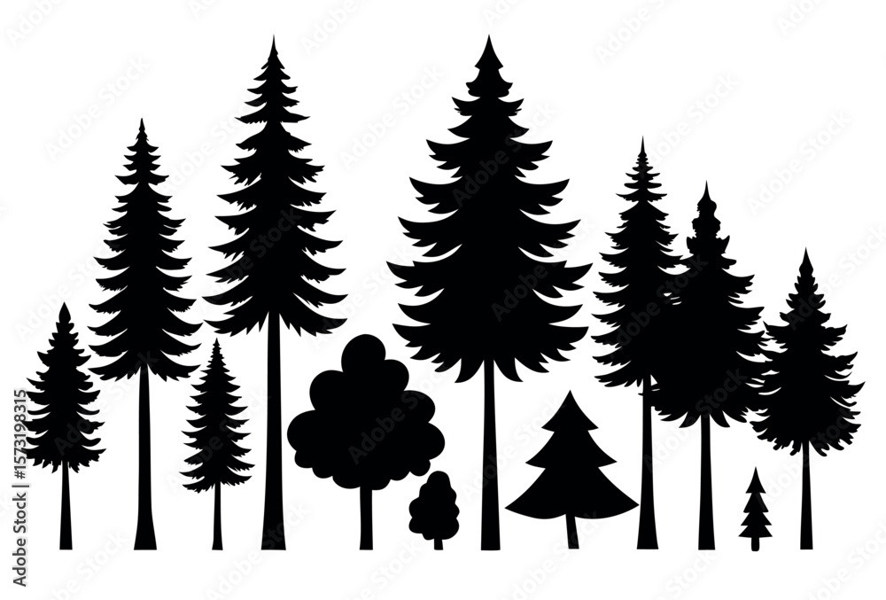 Fototapeta premium Black Silhouettes of Pine and Fir Trees – Evergreen Forest Vector Art