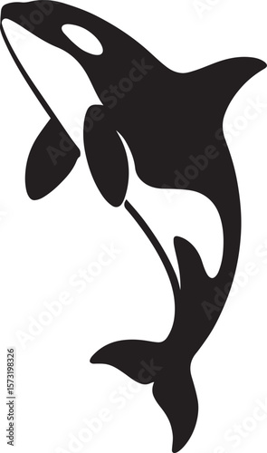 Orca leaping silhouette for wildlife print, Ocean animal vector black and white