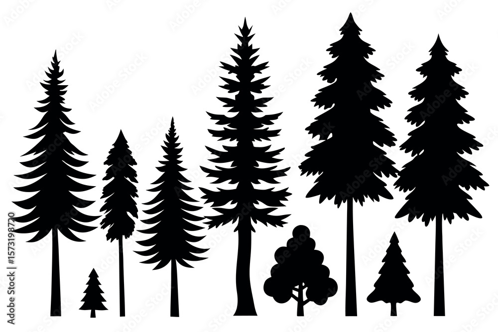 Obraz premium Silhouettes of Evergreen Forest Trees – Pine, Fir, and Spruce Vector Set