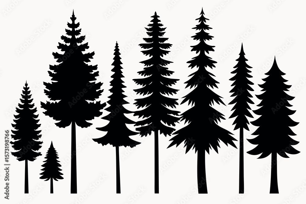 Fototapeta premium Silhouettes of Evergreen Forest Trees – Pine, Fir, and Spruce Vector Set