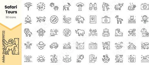 A collection of 50 safari-themed icons featuring wildlife, camping, and adventure elements, ideal for travel enthusiasts and safari tour promotions.