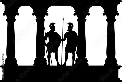 "Frontal silhouette illustration of ancient defenders in ornate armor, standing on a stone dais beneath a decorative archway supported by fluted columns. Their poses are mirrored, and the composition 