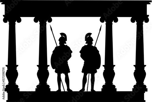 "Frontal silhouette illustration of ancient defenders in ornate armor, standing on a stone dais beneath a decorative archway supported by fluted columns. Their poses are mirrored, and the composition 