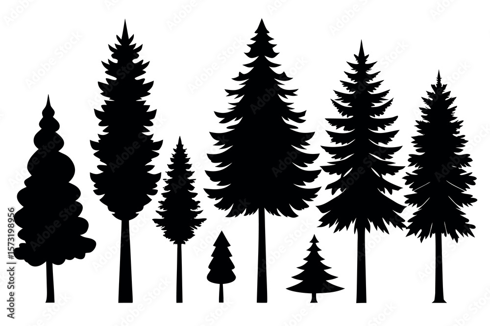 Obraz premium Silhouettes of Evergreen Forest Trees – Pine, Fir, and Spruce Vector Set