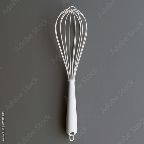 Positioned vertically on the left, the whisk has long, thin white wires and a pink handle.