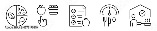 Conjunto de iconos de hábitos alimenticios. Prácticas saludables. Alimentación balanceada, elección saludable, seguimiento nutricional, horarios de comida y preparación casera