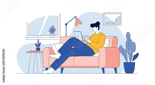 A person relaxing on a couch and using a tablet computer in a modern living room environment with plants and a lamp